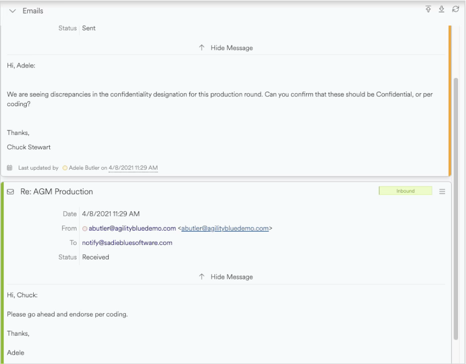 Email correspondence discussing confidentiality discrepancies and endorsement for coding.